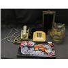 Image 1 : Lot of 2 Vintage Touch Tone Phones, Oversized Flask, Pitcher, Crystal Tray