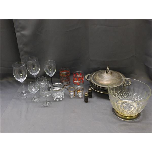Lot of Assorted Glassware Wine Glasses, Metal Silverplate Serving Tray w Stand / Lid, Shots, Cups