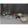 Image 1 : Lot of Assorted Glassware Wine Glasses, Metal Silverplate Serving Tray w Stand / Lid, Shots, Cups