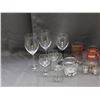 Image 2 : Lot of Assorted Glassware Wine Glasses, Metal Silverplate Serving Tray w Stand / Lid, Shots, Cups