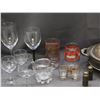 Image 3 : Lot of Assorted Glassware Wine Glasses, Metal Silverplate Serving Tray w Stand / Lid, Shots, Cups