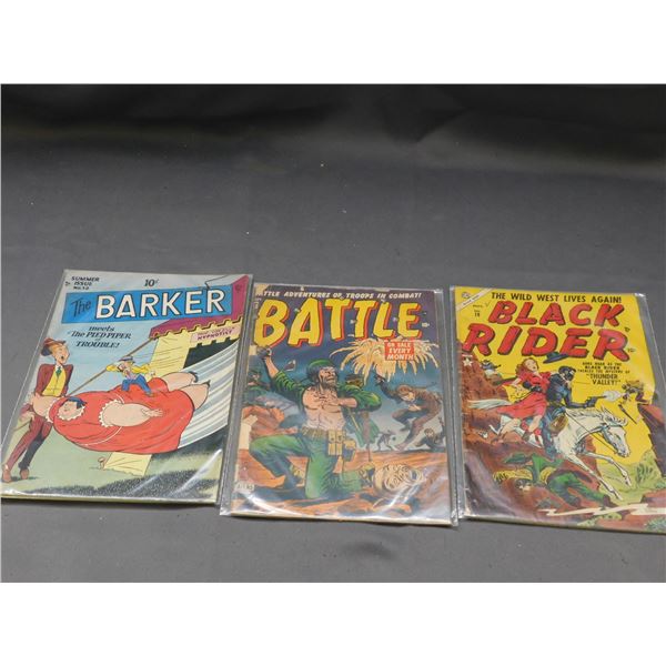 Lot of 3 Golden Age Comic Books Black Rider No 19, BATTLE, The Barker No 12