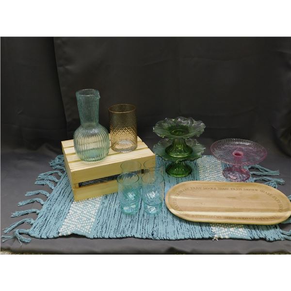 Lot of Anthropologie Pitcher, Vase, Cups, Cake Stands, Wooden Crate, Cheese Board, Placemat