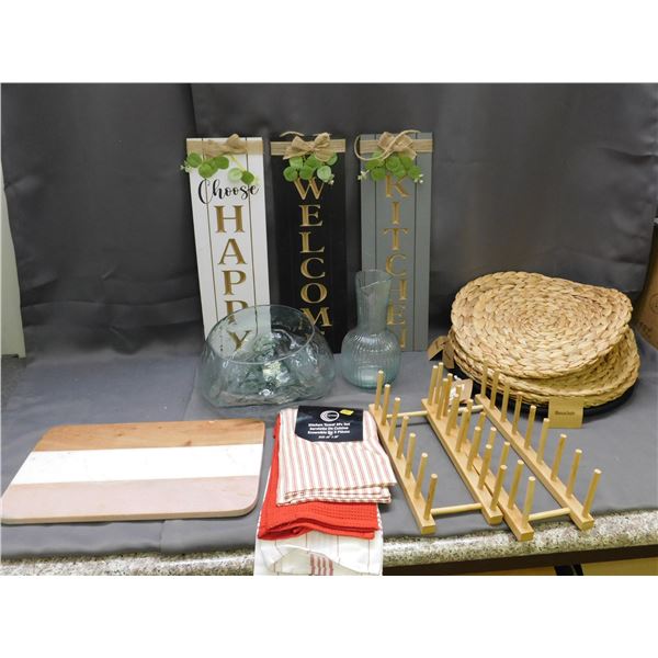 Kitchen & Home Lot, Wicker Placemats, Anthropologie Pitcher, Wooden Wall Signs, Glass Bowl, Board