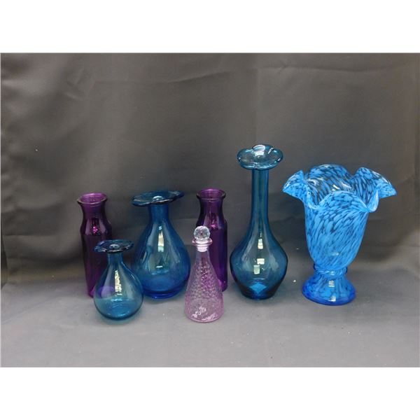 Lot of 7pcs Coloured Blue and Purple Glass Vases