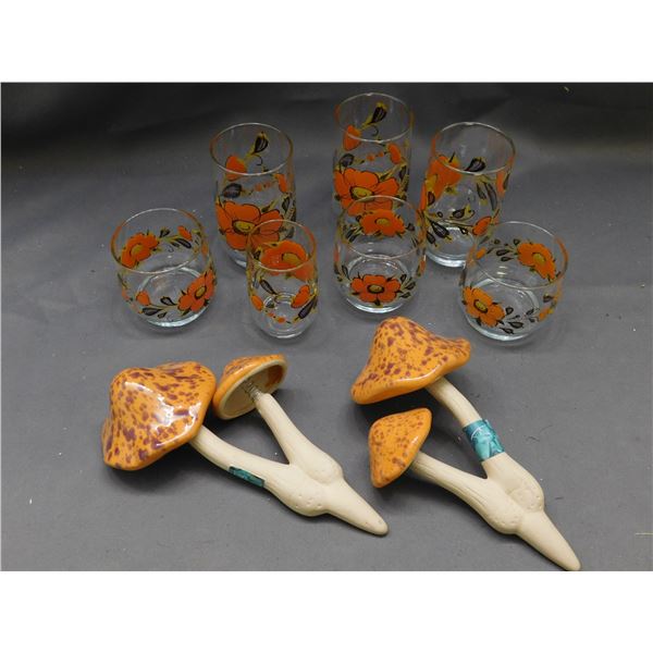 Lot of 9pcs 7pc Glassware Drink Glasses Orange Floral MCM 70s Dominion