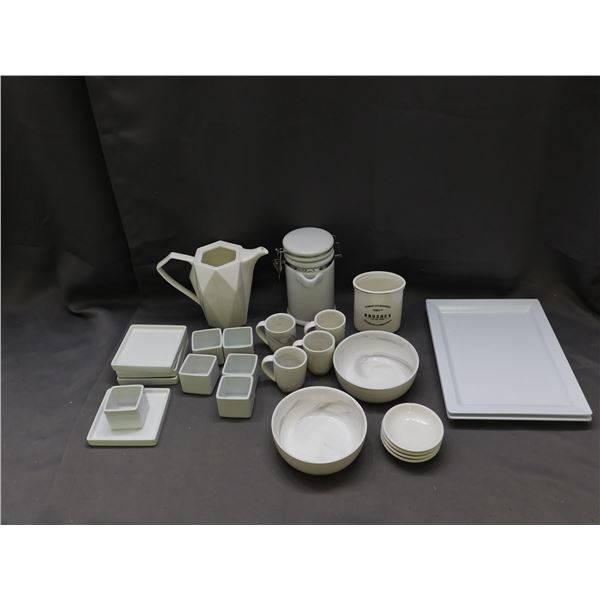 White Ceramic Demitasse Espresso Coffee Set, Marble Style Cups Bowls, Plastic Trays, White etc