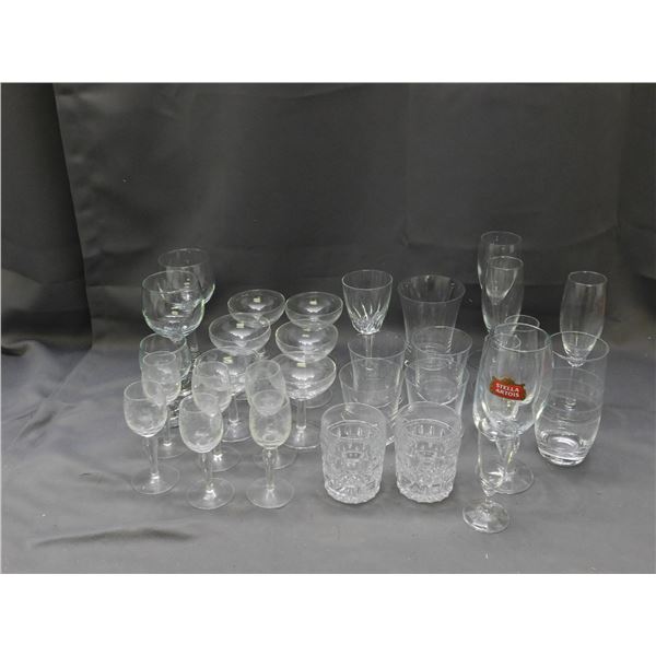 Large Lot of Clear Glassware Wine Glasses, Rocks Glasses, etc