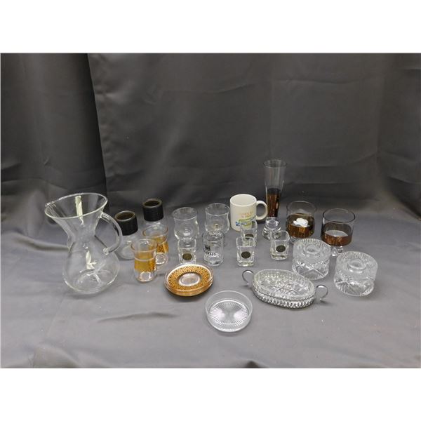 Lot of Assorted Glassware Bar Ware Glasses, Cups, Shot Glasses, Pitcher, Plates Tray Candlesticks