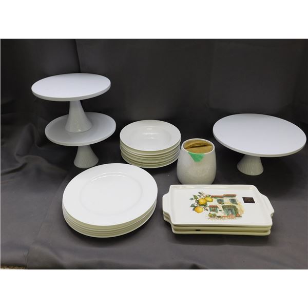 Lot of Assorted Dishes Plates Trays, Cake Stands
