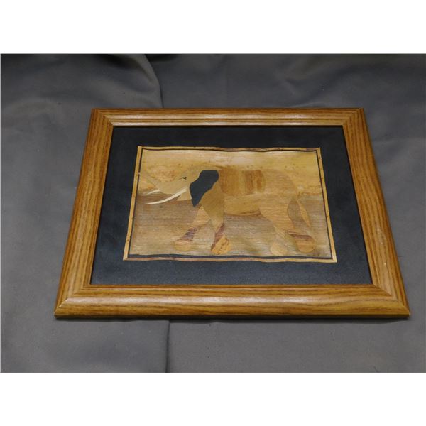 Vintage Wood on Fabric Marquetry Elephant Artwork Framed
