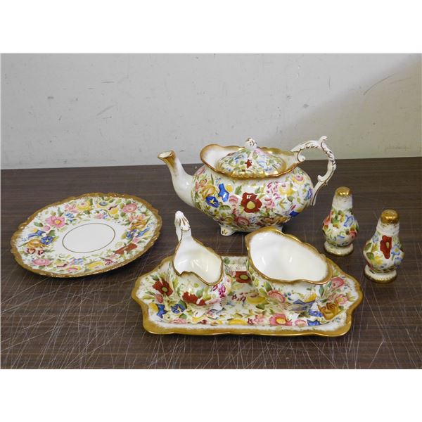 Hammersley Queen Anne Fine Bone China Chintz Tea Set Tea Pot, Cream Sugar Tray ,S&P, 1 Plate
