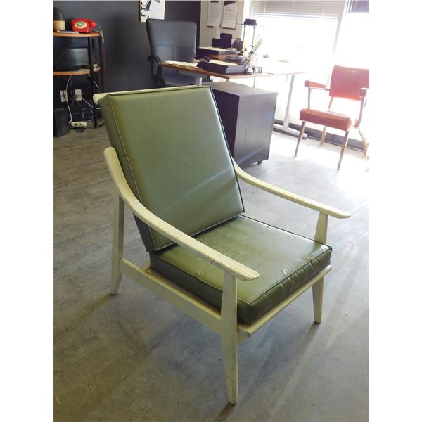 Vintage MCM Painted White Vintage Lounge Chair Green Vinyl Cushions as is