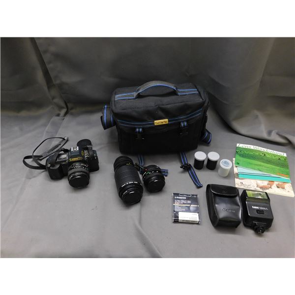 Canon T70 Vintage Film Camera Bundle, 3 Lenses, 166A Flash, Bag