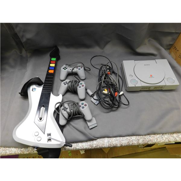 PS1 Playstation One Console Bundle Power & AV, 3 Controllers, Guitar