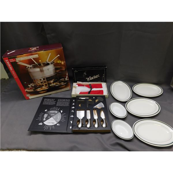 Lot of Cheese Board Knives, Wine Cozy, Small Grindley Restaurant ware Serving Plates, Fondue Set