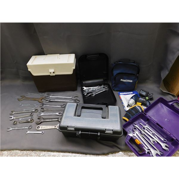 Lot of Assorted Tools, Tackle Box, Wrenches, Compact Cordless Screwdriver