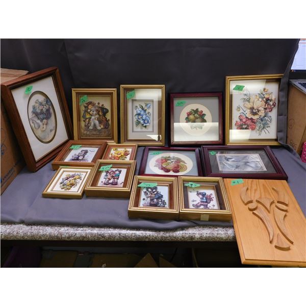 Lot of 14pcs Assorted Framed Papercraft, Needlework Cross Stitch Wall Art Fruits, Flowers, Children