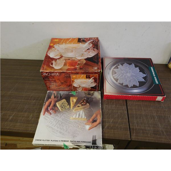 Lot of 3 Punch Bowl Set, Glass Cheese Board & Christmas Platter
