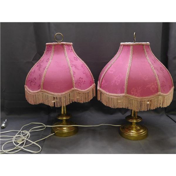 Pair of Boudoir Vanity Pink Fringe Vintage Table Lamps 3-Light