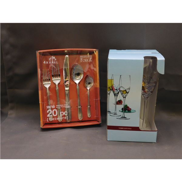 Lot of 2 Divino Glass Flute & Wexford Forge Cutlery 20pcs Set