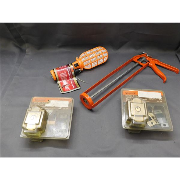 Lot of 4 Double Cylinder Amerock Locks NOS, Portable LED hand lamp and Caulking Gun