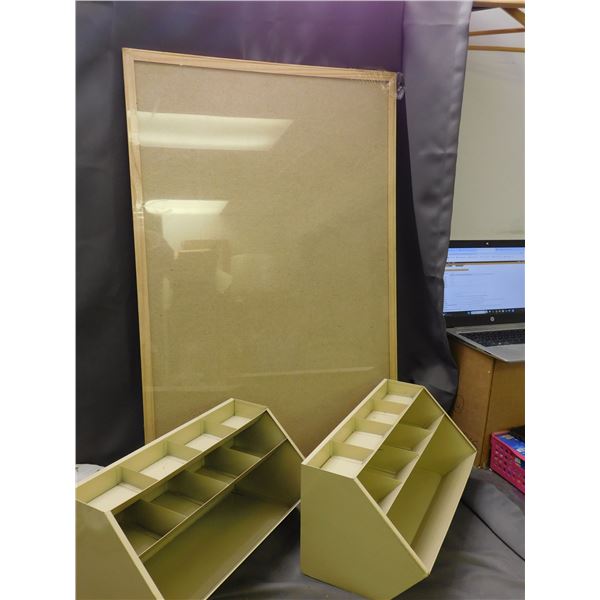 Cork Board 23" x 35" and 2 Metal Organizer Trays Tool Shed etc
