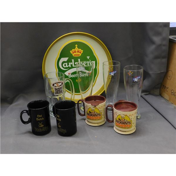 Lot of Advertising Glass Labatt Glasses, A&W, Robins Mugs, Old Dutch Mugs, Carlsberg Tray