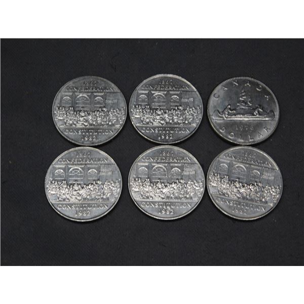 Lot of 6 1982 & 1976 Silver Dollars Canadian