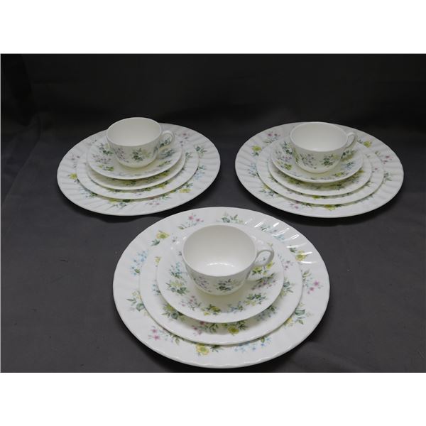 3 Person Place Setting Minton "Spring Valley" Fine Bone China Cups, Saucers, Plates