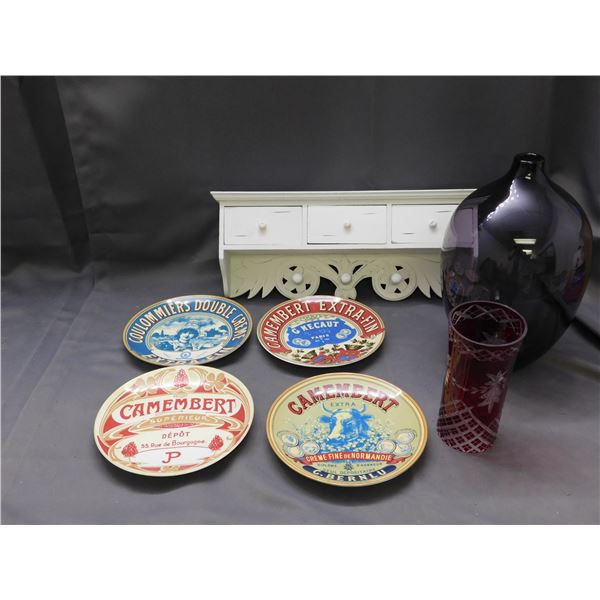 Lot of 7pcs Advertising Plates, Purple Glass Vase, Red Vase, Entryway Coat Hook / Keybox