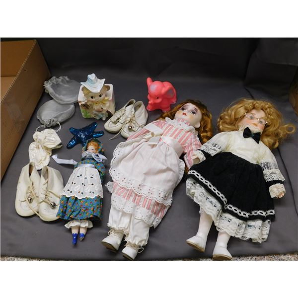 Lot of Porcelain Dolls, Shoes, Toothbrush Holder, etc