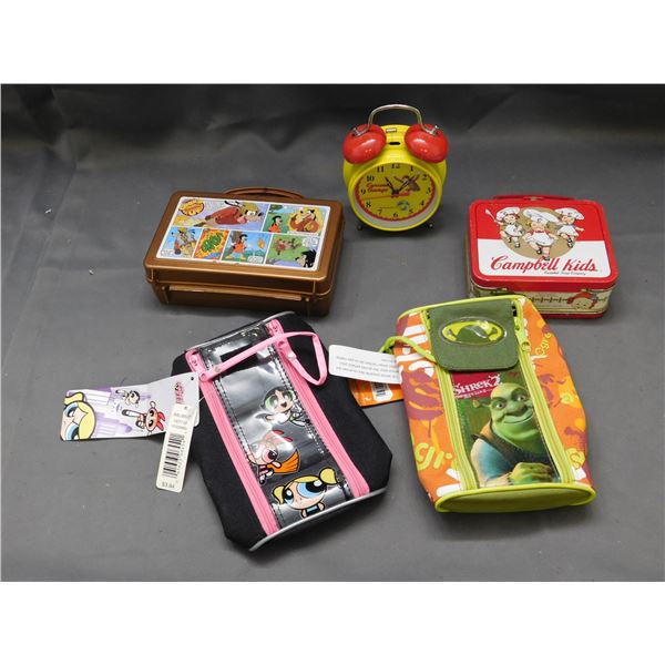Lot of Assorted Shrek PPG Pencil Cases, Curious George Clock, Campbell Kids Tin, Lunch Box