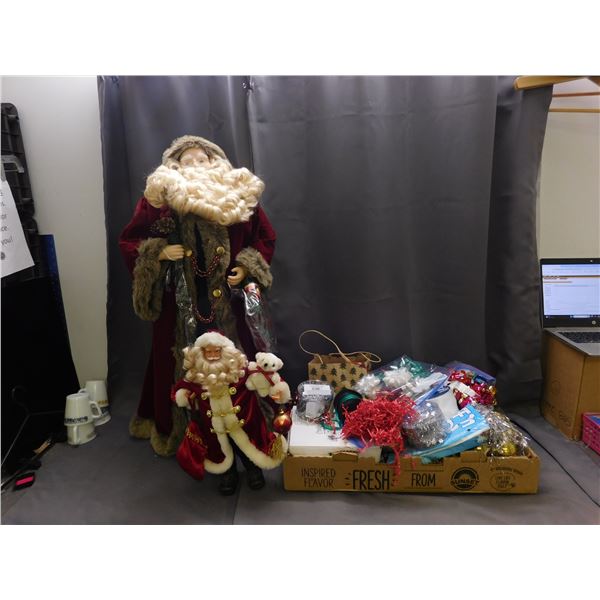 Lot of Christmas Holiday Decorations Santa Figures, Wrapping Bows, Ribbon, Ornaments (modern)