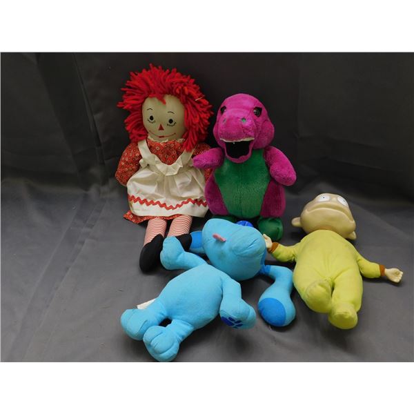Lot of 4 Rugrats, Blues Clues, Raggedy Anne, Barney Plushies