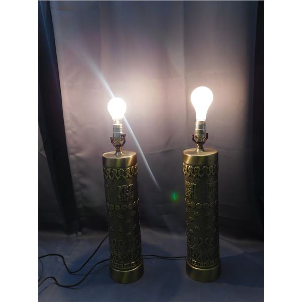 Pair of Brass Table Lamps Tribal Floral Design