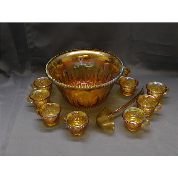 Vintage Amber Carnival Glass Punch Bowl Set 10 Cups