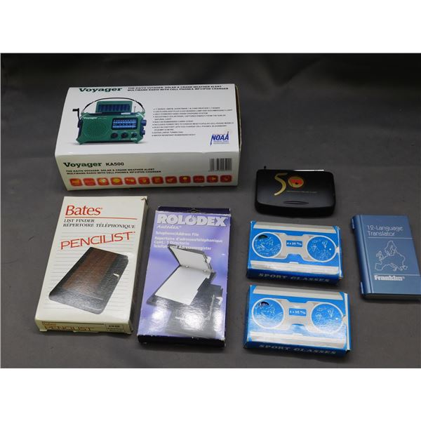 Lot of 7pcs 12 Language Translator, Voyager Crank Radio, List Finder, Rolodex
