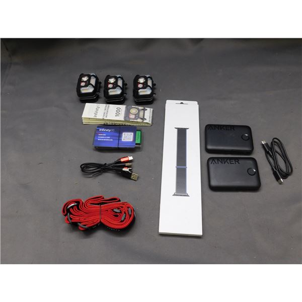 Lot of Power Banks, Headlamps, Cables, etc