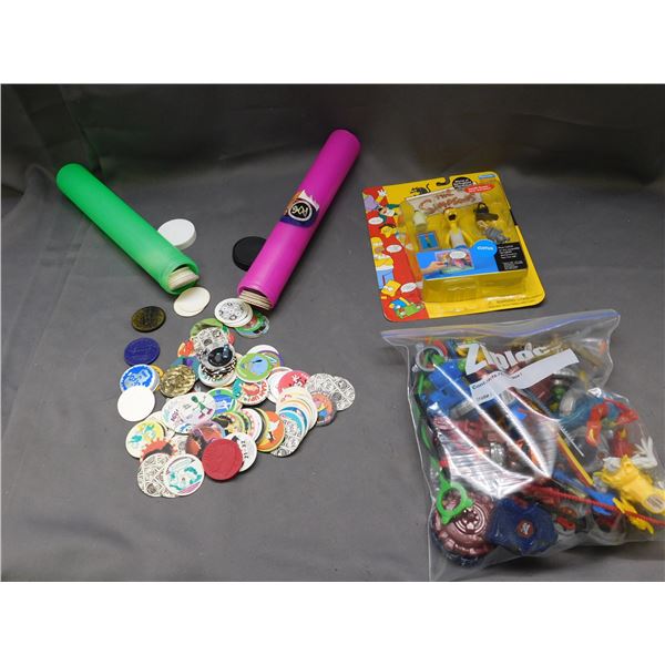 Lot of Assorted Pogs, The Simpsons Figures, Beyblades, etc