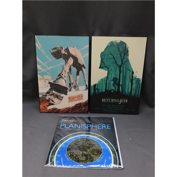 Lot of 3pcs Wooden Star Wars Posters Empire Strikes Back and Return of the Jedi, Planisphere Map