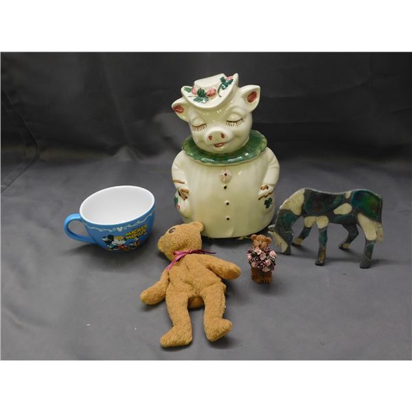 Lot of 5pcs Shawnee Pig Cookie Jar(crack) and Tile Horse (repaired), Teddy, Mug
