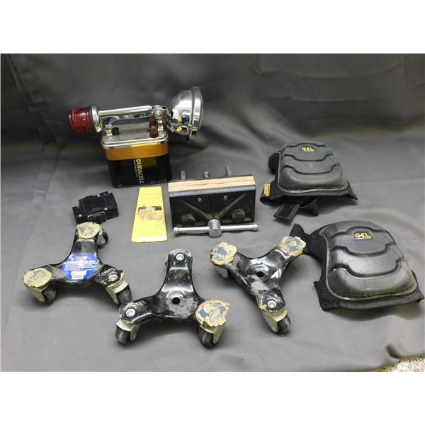 Lot of Assorted Duracell Flashlight, Kuny's Knee Pads, Door Wedge, 3-Wheel Movers, Vice, Breaker