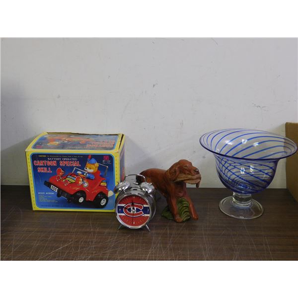 Lot of 4pcs Glass Spiral Swirl Bowl, Dog Figurine, Alarm Clock, Cartoon Special Skill