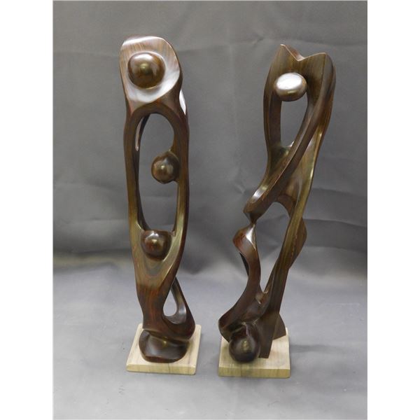 Pair of Wooden Abstract Figurines 16" Geometric People Veradero Cuba 2008