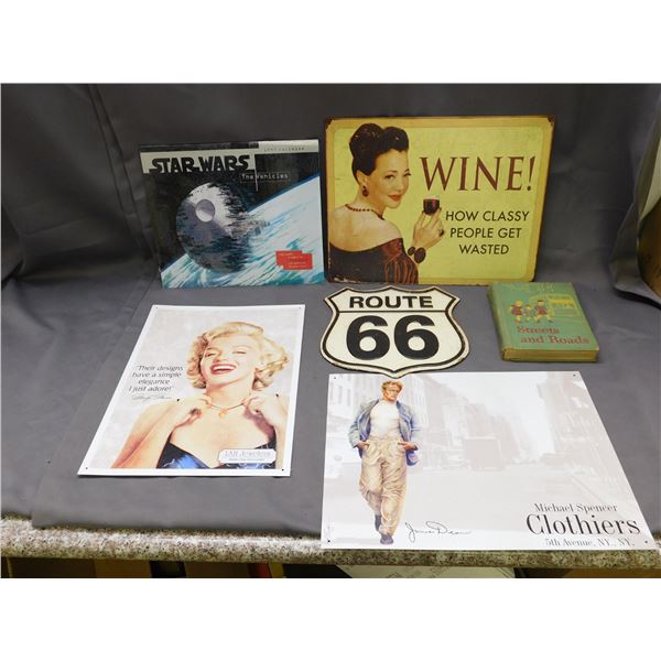 Tin Marilyn Monroe and James Jean Signs, Wine Sign, Route 66, Vintage Book, Star Wars Calendar