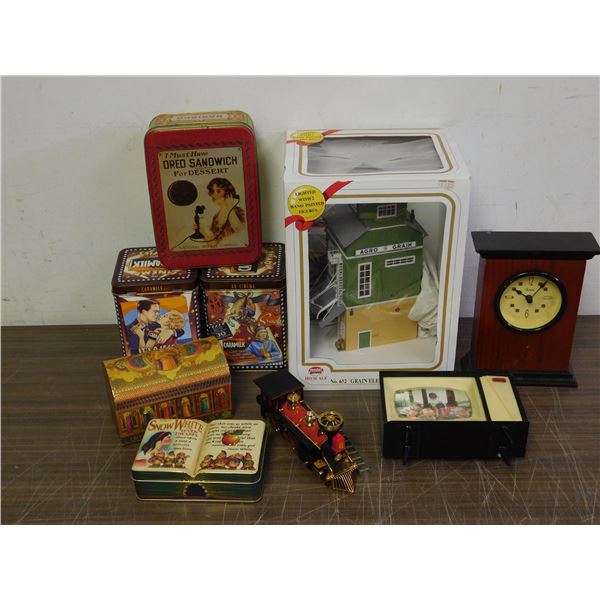 Lot of Assorted Vintage Tins, Desk Clock, TV Picture Frame, Grain Bin Building, Train Decor