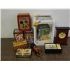 Image 1 : Lot of Assorted Vintage Tins, Desk Clock, TV Picture Frame, Grain Bin Building, Train Decor