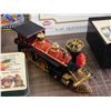 Image 2 : Lot of Assorted Vintage Tins, Desk Clock, TV Picture Frame, Grain Bin Building, Train Decor