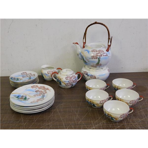 Lot of Fine Bone China Asian "Cherry Blossom" Set Tea Pot, Warmer, Cups Saucers Etc